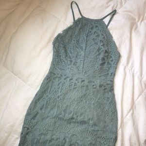 high neck lace sage green dress